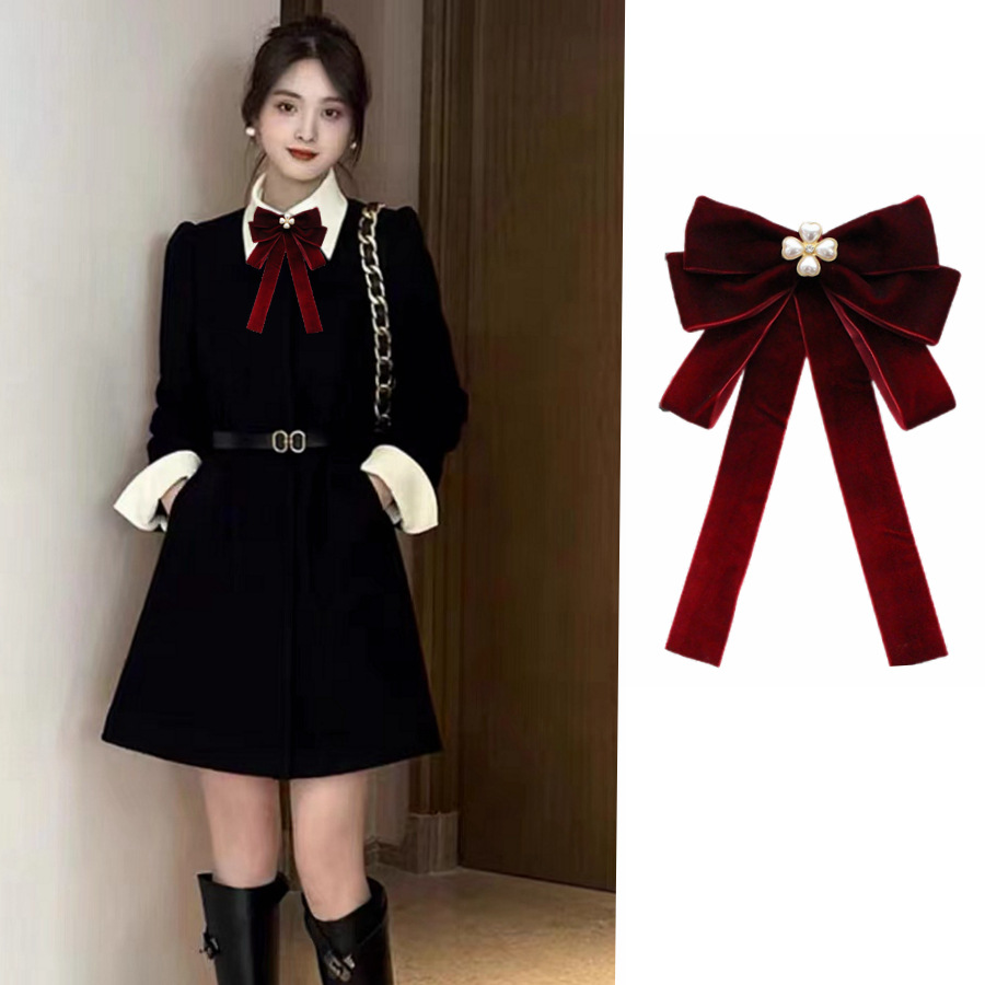 Bow Tie For Women, Large Bowknot, Canel Burgundy Velvet Brooc, Black Cloting Accessory, Preppy Style, Versatile_voghion.com
