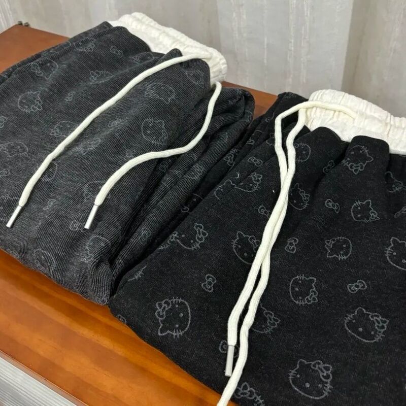Cartoon Kitty Cat Glutinous Rice Pants Women 2025 Spring and Autumn High-Waisted Drapey Wide-Leg Casual Sports Sweatpants Walking Pants