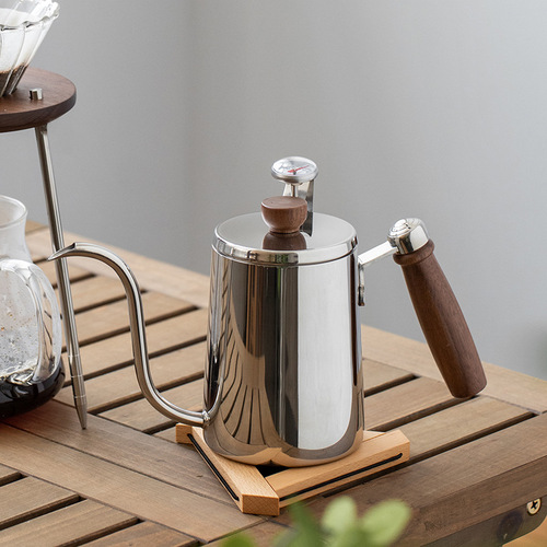 Stainless steel pour-over coffee pot with scale and wooden handle, 304 Teflon, household and commercial pour-over kettle