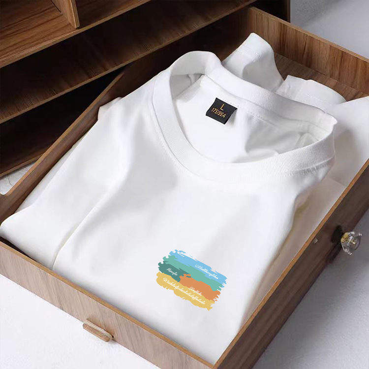 Verano de Hong Kong blanco cuadrado seda de hielo de cuello redondo camiseta de hombre impresa casualidad vintage camiseta de pareja