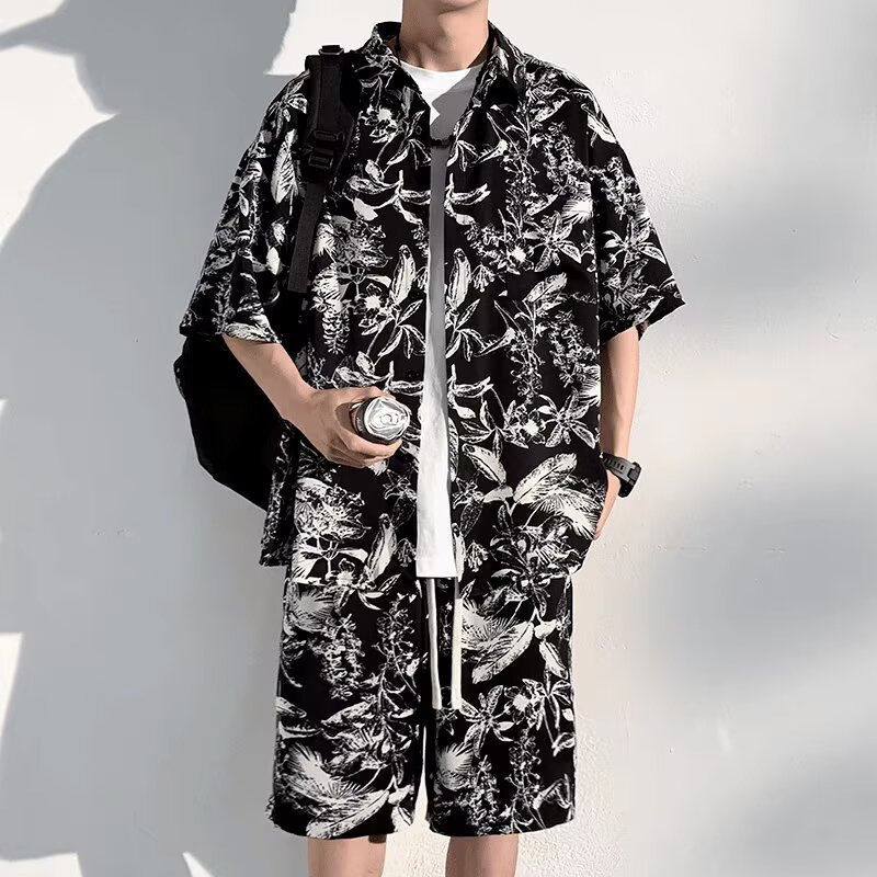 Floral Shirt Shorts Beach Suit Men's Summer Trendy Brand Handsome Beach Wear Large Size Ice Silk Two-Piece Summer Suit