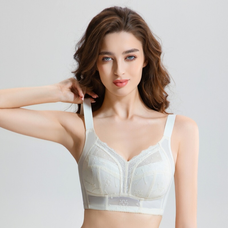 Women's Ultra-Thin Breathable Cotton Bra for Large Busts, with Side Support and Lift, No Underwire, Embroidered Design