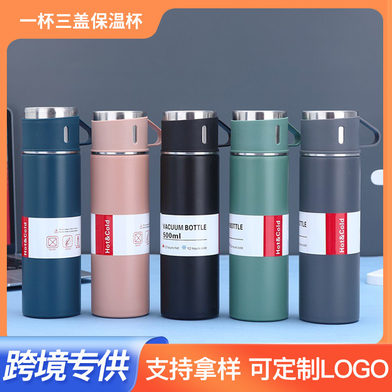 Juego de tazas de vacío de acero inoxidable 304 transfronterizo de gran capacidad, una taza, tres cubiertas, tapa de mano, taza recta, juego de regalo