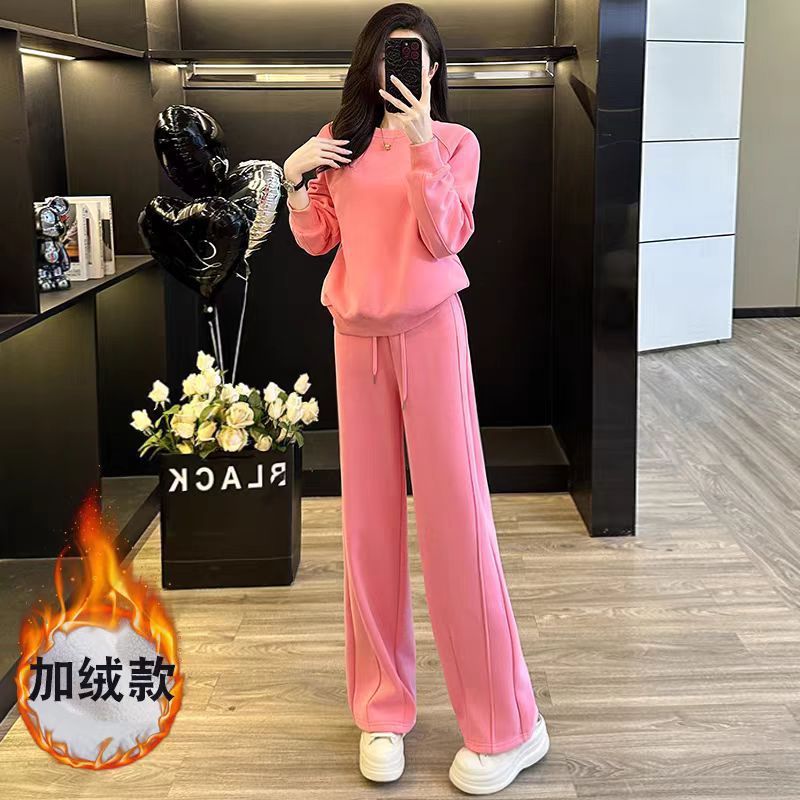 Pink Fleece-Lined Casual Sports Suit for Women, 2025 Autumn and Winter, Stylish and Age-Reducing, Fashionable Sweatshirt and Wide-Leg Pants Two-Piece Set