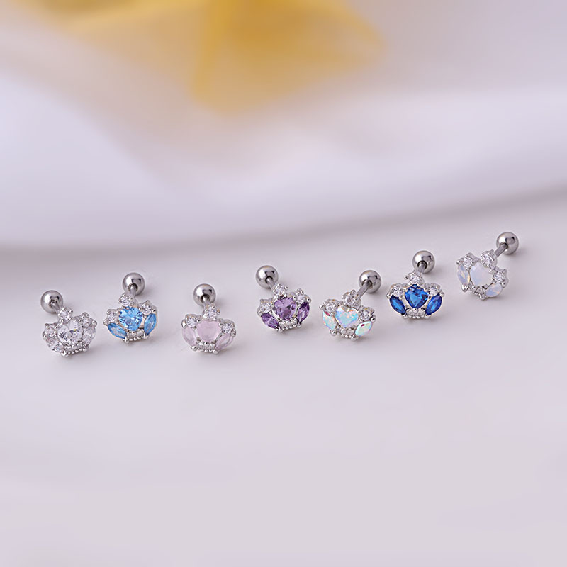 fashion 0.8MM titanium steel multi-color heart crown zircon single ear studs