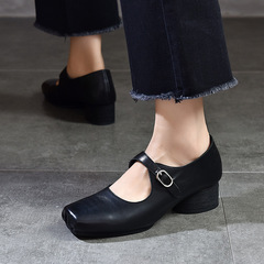 芭蕾舞鞋女外穿方頭復古真皮中跟豬鼻子瑪麗珍單鞋女2024春款女鞋