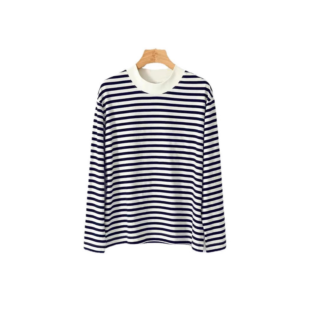 2023 nueva suelta interior superior otoño algodón espíritu mar camisa casual cuello redondo manga larga azul marino blanco rayas camiseta image 7