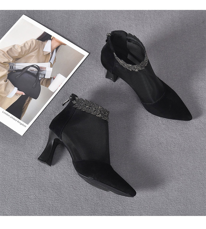 Boot lưới nữ cao gót mùa hè, cổ thấp, chất liệu da thật thoáng khí — Màu Đen Cashmere + lưới chi tiết 11