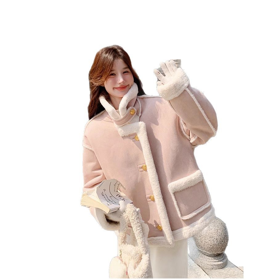 샤오 샹펑 모피 원 스웨이드 재킷 여자 2024 년 겨울 새 폭발 한국 기모 두꺼운 베어러 세트