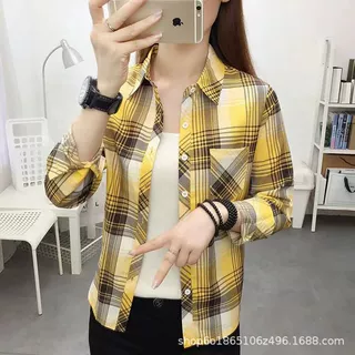 格子衬衫女长袖韩版打底衫衣大码春秋装休闲单穿外套女士格子衬衫