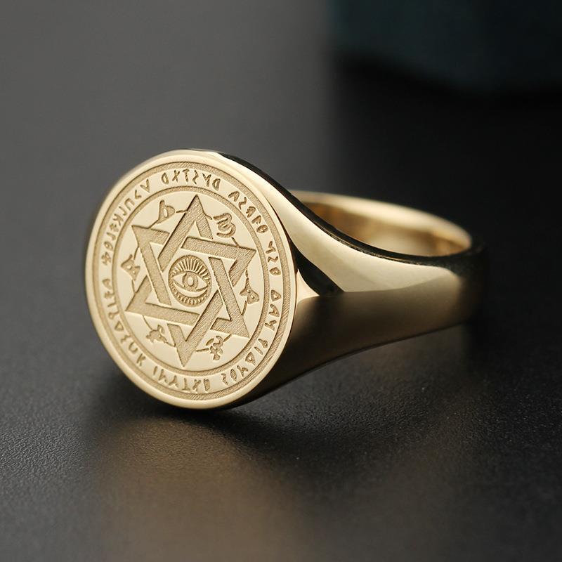 Aria Horus Eye of God Plated 18K Gold Ring Female Male Masonic Full Vision Full Know Eye Badge Seal