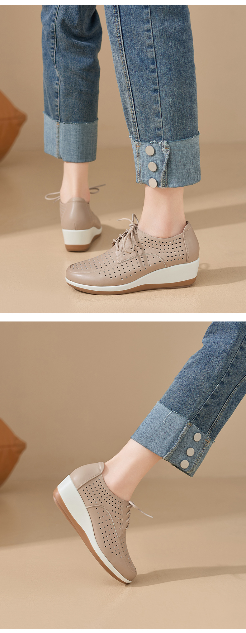 Giày da bò đục lỗ nữ đế xuồng platform gót 5 cm — màu trắng ngà chi tiết 8
