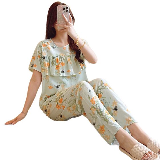 New Arrival Pajamas Women's Summer Thin Printed Short-Sleeved Trousers suit Spring and Autumn Cotton Silk Korean Style plus size Loose Home Clothes