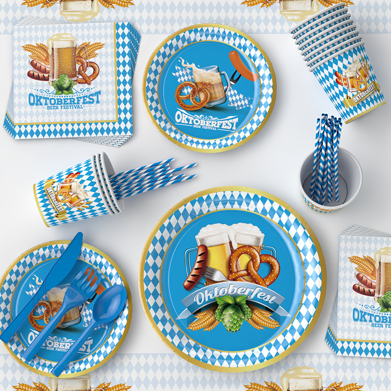 Amazon Oktoberfest tema decoración plato de papel desechable taza de papel tejido fiesta suministros traje