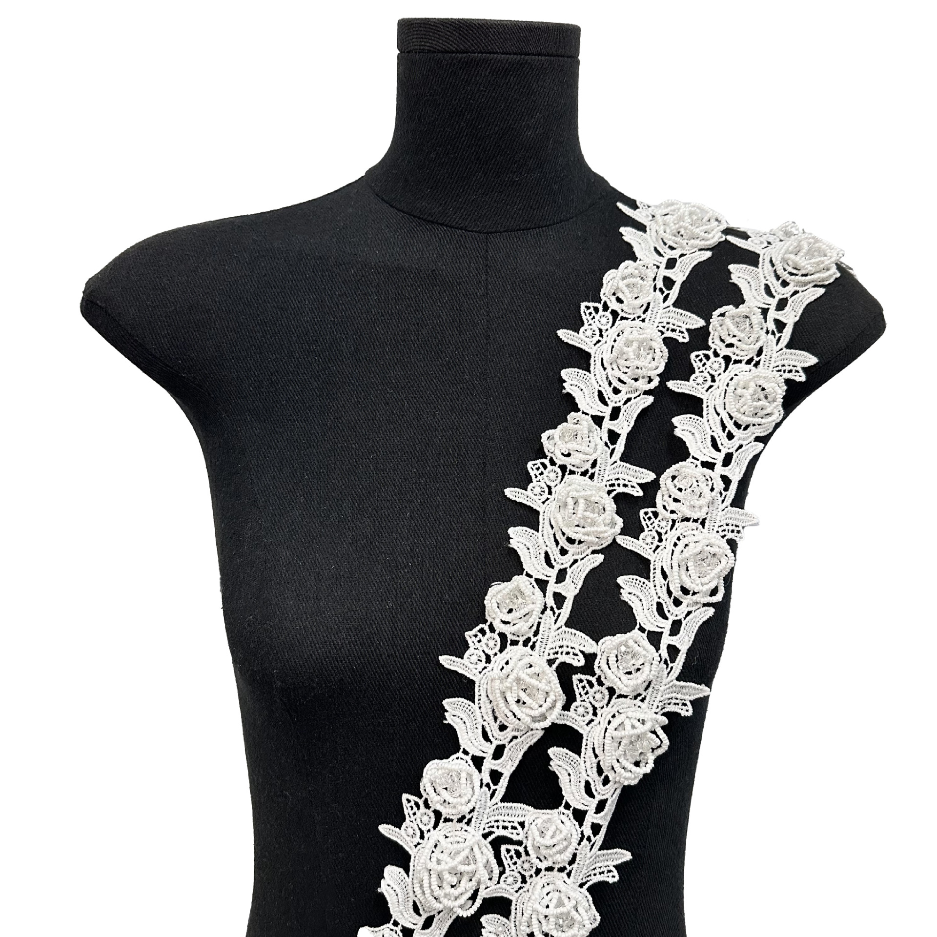 Exquisito encaje floral en blanco y negro, bordado tridimensional de rosas con cuentas de diamantes 13 líneas de accesorios de ropa