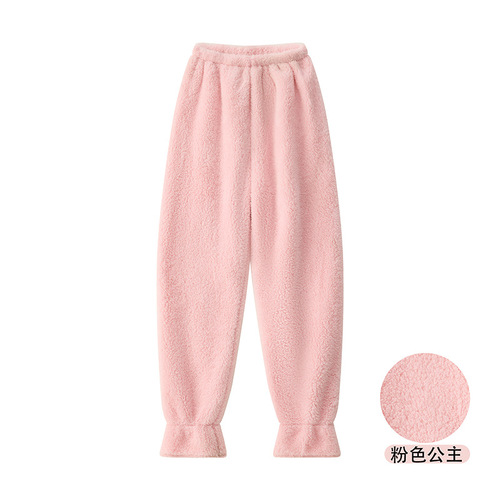 Cartoon pajama set home pants solid color sleep pants long fur comfortable cotton flannel warm drawstring autumn and winter thickening unisex long pants with additional padding