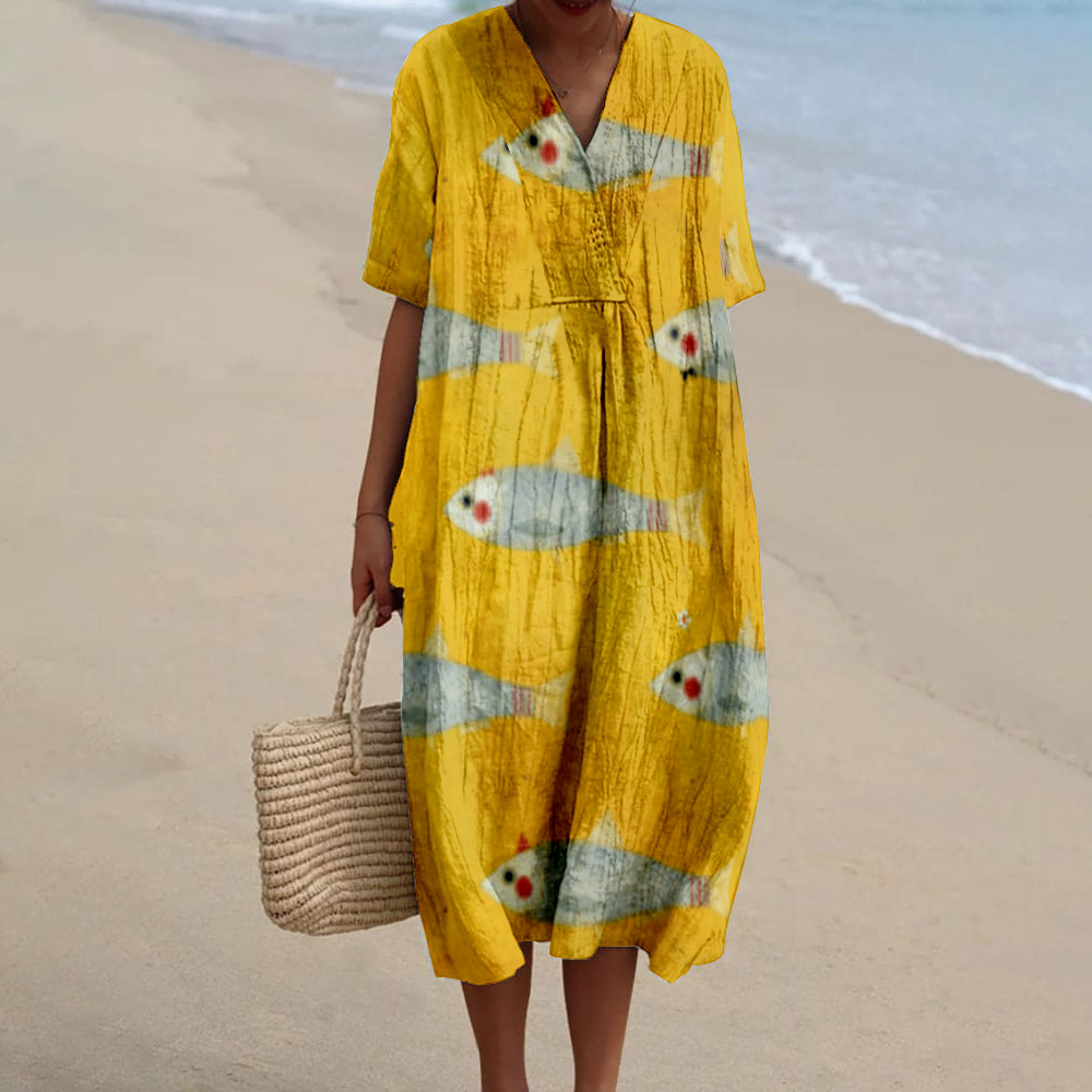 Plus Size Women's Shirt Pocket Short Sleeve Dress Ocean Element Fish Vacation Style Dress_ecoleips.com