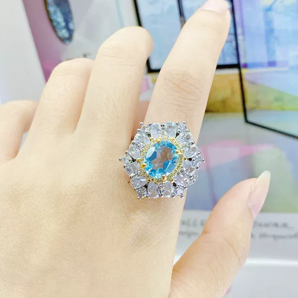 3 Karat Natural Sky Blue Topaz Ring Women's Shake Voice Live Base BIC Detection Color Treasure Opening Ring