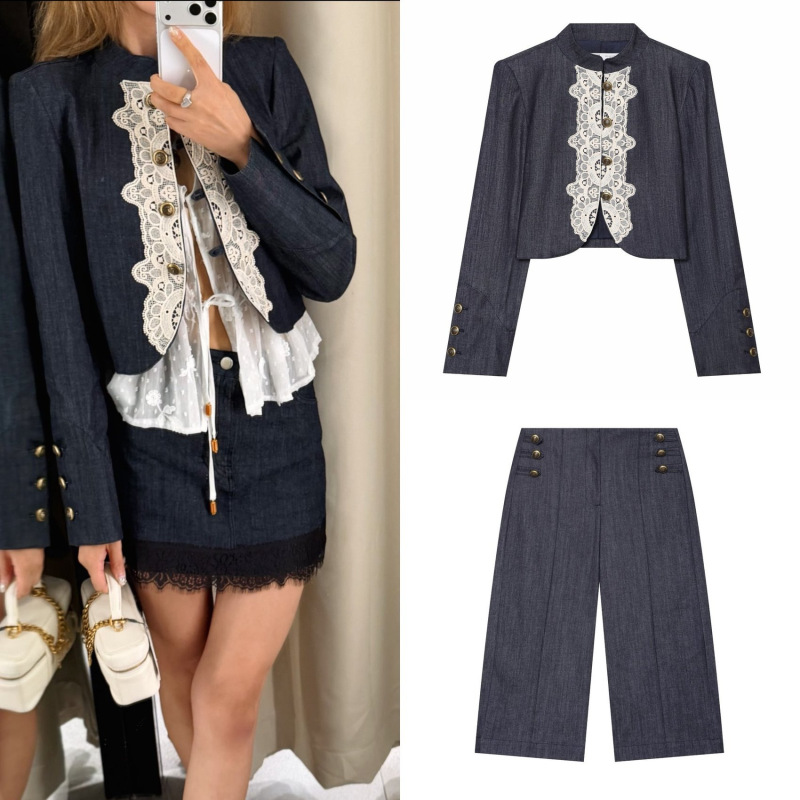 European and American cross-border 2026 spring/autumn new arrivals: Women's elegant stand-up collar, shoulder pad, lace patchwork short jacket 7932576 European and American cross-border 2026 spring/autumn new arrivals: Women's elegant stand-up collar, shoulder pad, lace patchwork short jacket 7932576