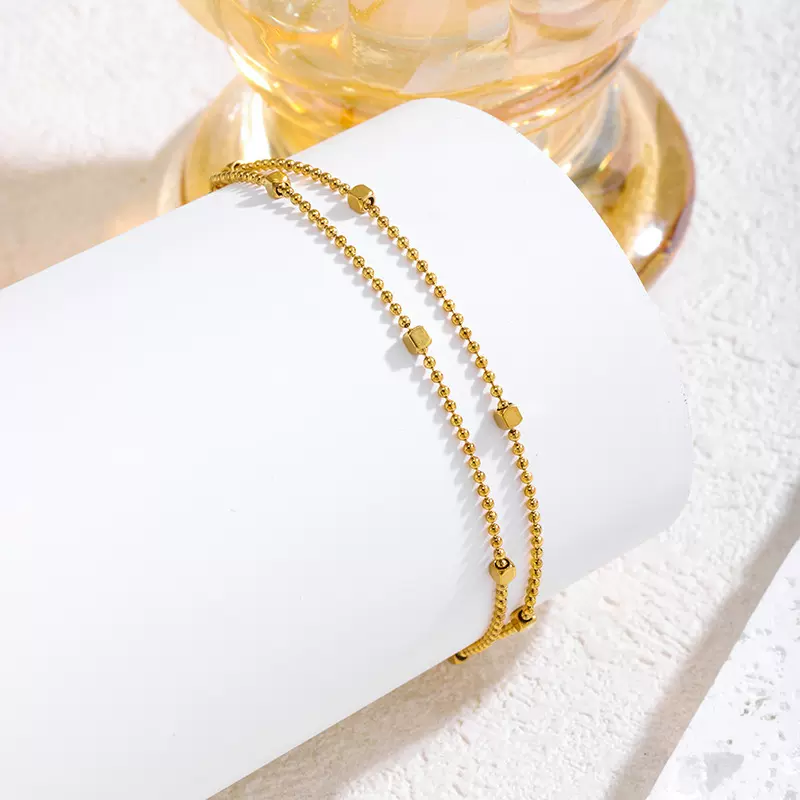 新款钛钢双层叠戴小方块手链女镀18k金简约百搭轻奢风时尚手饰