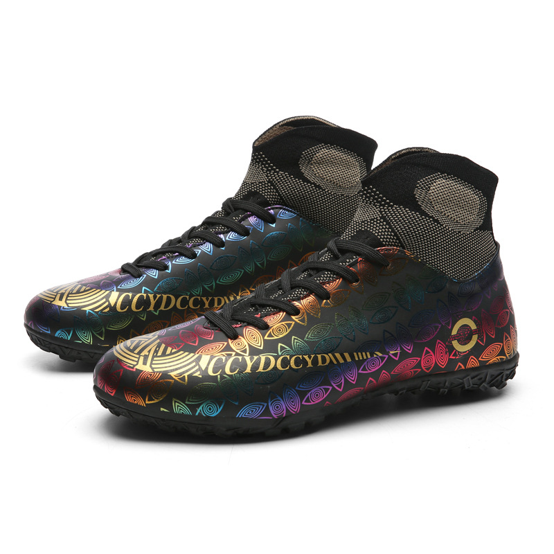 Zapatos de fútbol transfronterizos al por mayor resistentes al desgaste transpirable de color de Pato Mandarín alto-top antideslizante casual corto hierba de uñas zapatos de entrenamiento para niños