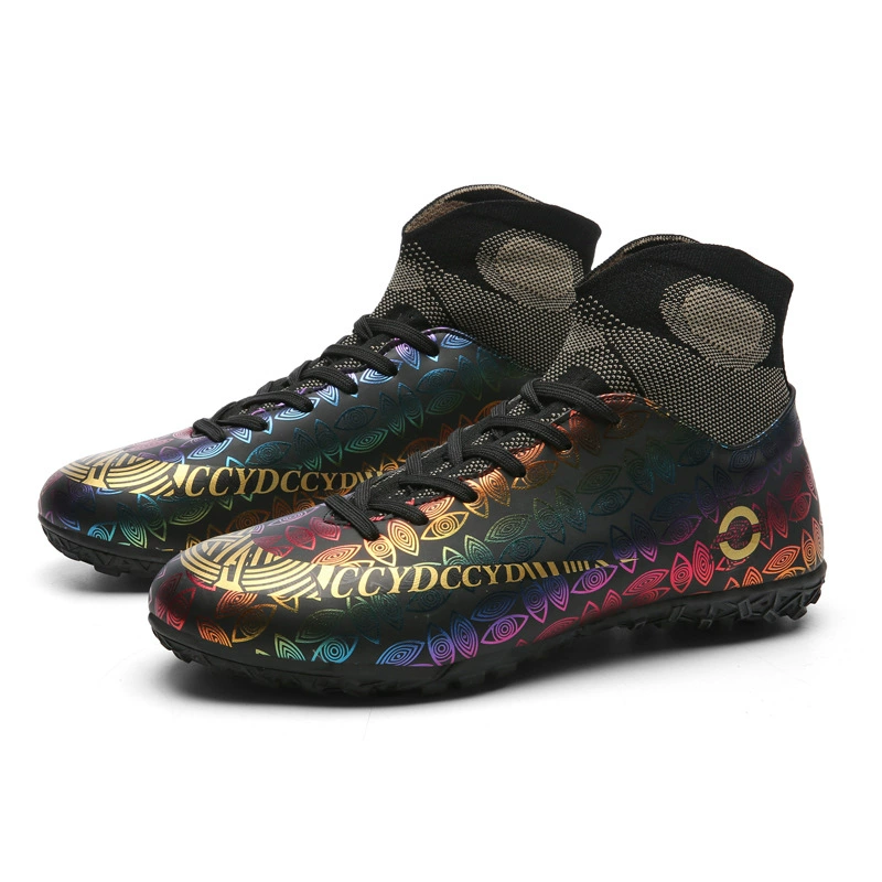 Трансграничная футбольная обувь оптом, износостойкая дышащая, нескользящая повседневная детская тренировочная обувь с высоким берцем, цвет утки мандарина, с короткой травой для ногтей