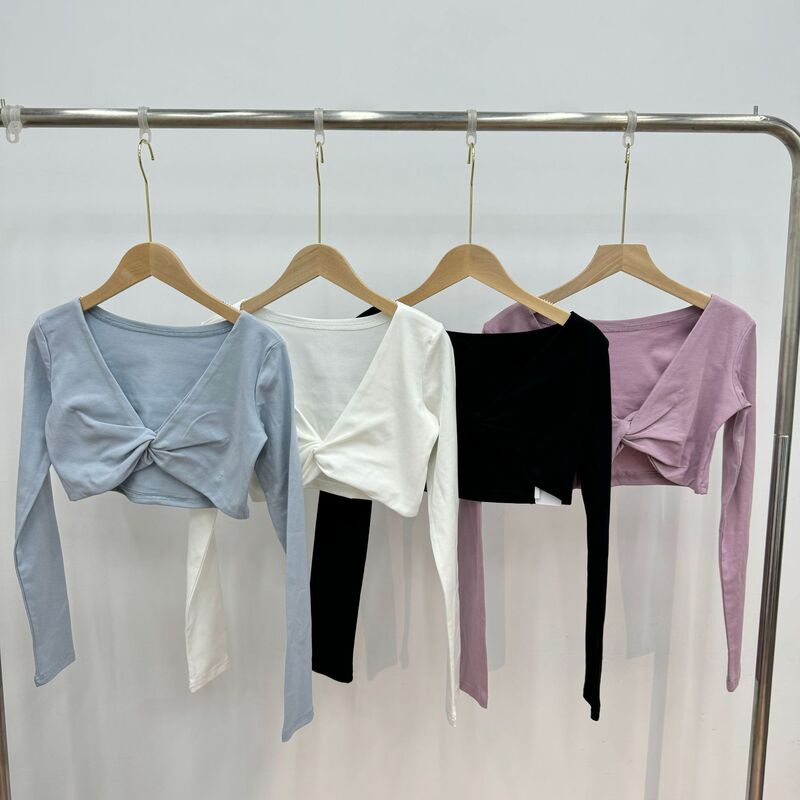 New Pure Desire Style Long-Sleeved Short-Sleeved Morandi Color Cross Top Women's V Neck Slimming Look Long-Sleeved Twist Knot New Pure Desire Style Long-Sleeved Short-Sleeved Morandi Color Cross Top Women's V Neck Slimming Look Long-Sleeved Twist Knot