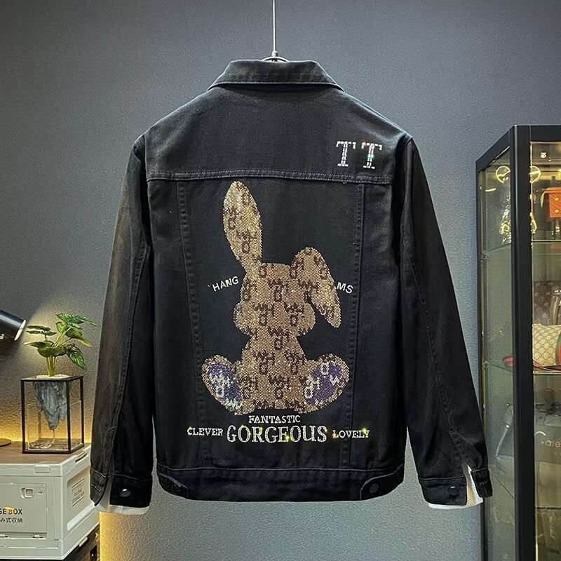 Cross-Border Light Luxury Spring and Autumn New Trendy Brand Plus Size Men's Loose Casual Denim Jacket with Rhinestones Unisex