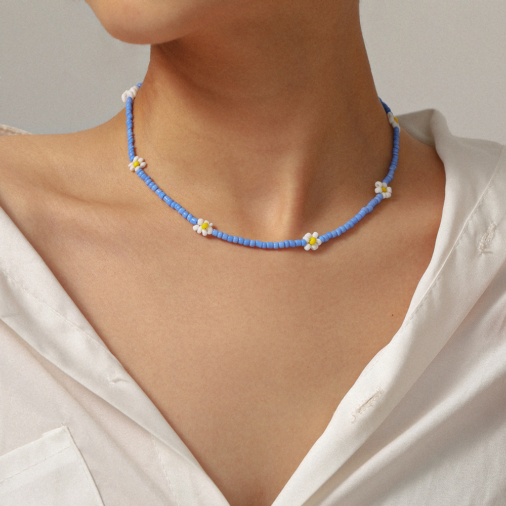 Bohemian handmade blue bead turquoise pearl flower stacked collarbone chain