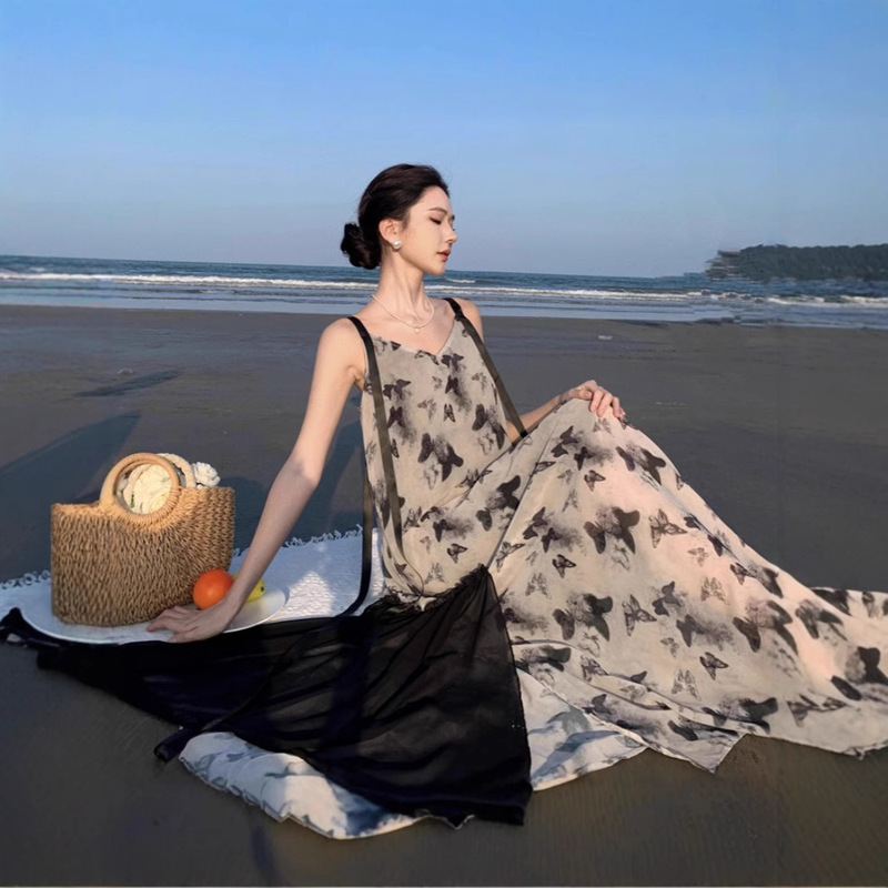Ink Painting Butterfly Sling dress Women's Summer French Style Lazy Seaside Vacation Super Long Ankle Beach Skirt