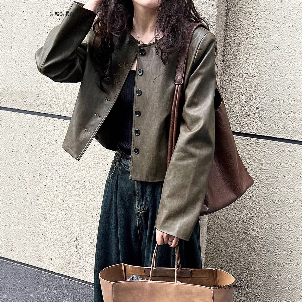 Leather Jacket Women's New American Retro Distressed Loose Casual Motorcycle Jacket Hong Kong Style Short Leather Jacket