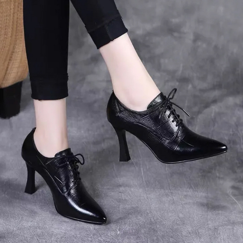 Women's Deep-Cut Single Shoes 2026 New Spring Style Pointed Toe Stiletto High Heels Genuine Leather Lace-Up Versatile Low-Heeled Shoes