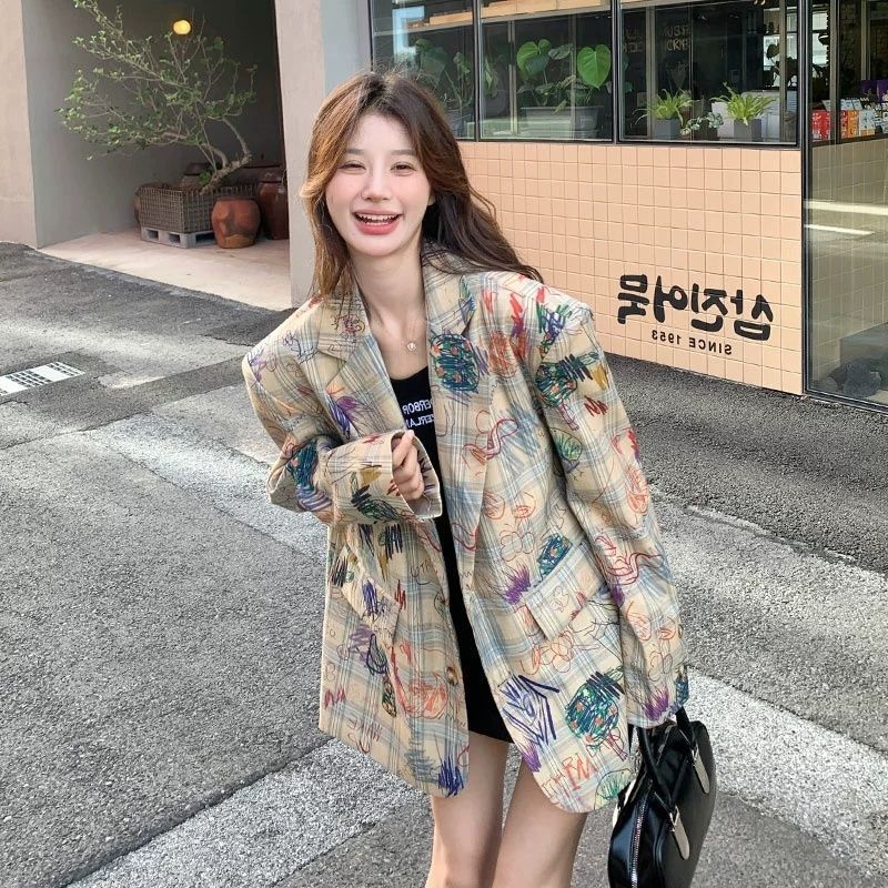 涂鸦印花小西装外套女2025秋季韩系设计感休闲时尚小个子炸街西服|undefined