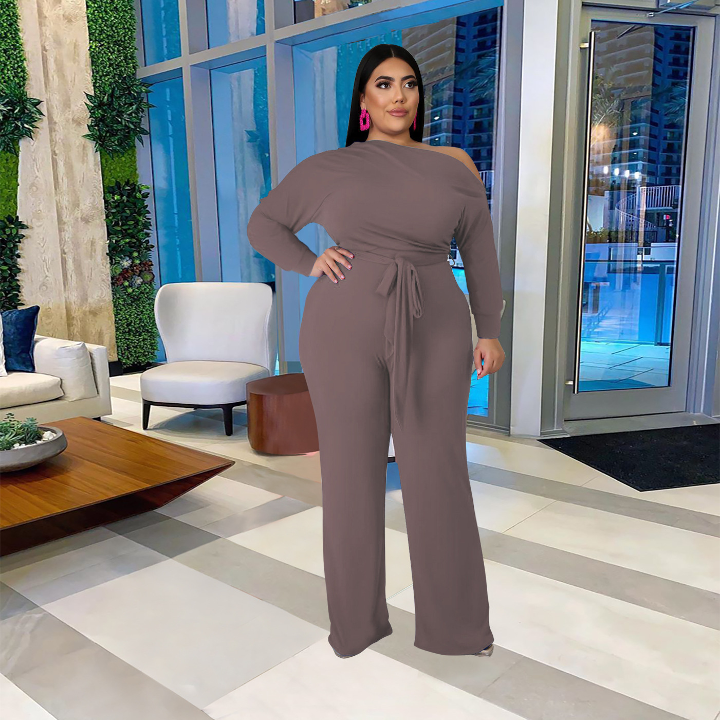 women s plus size solid color strappy shoulder T-shirt flared pants suit nihaostyles clothing wholesale NSBMF80099