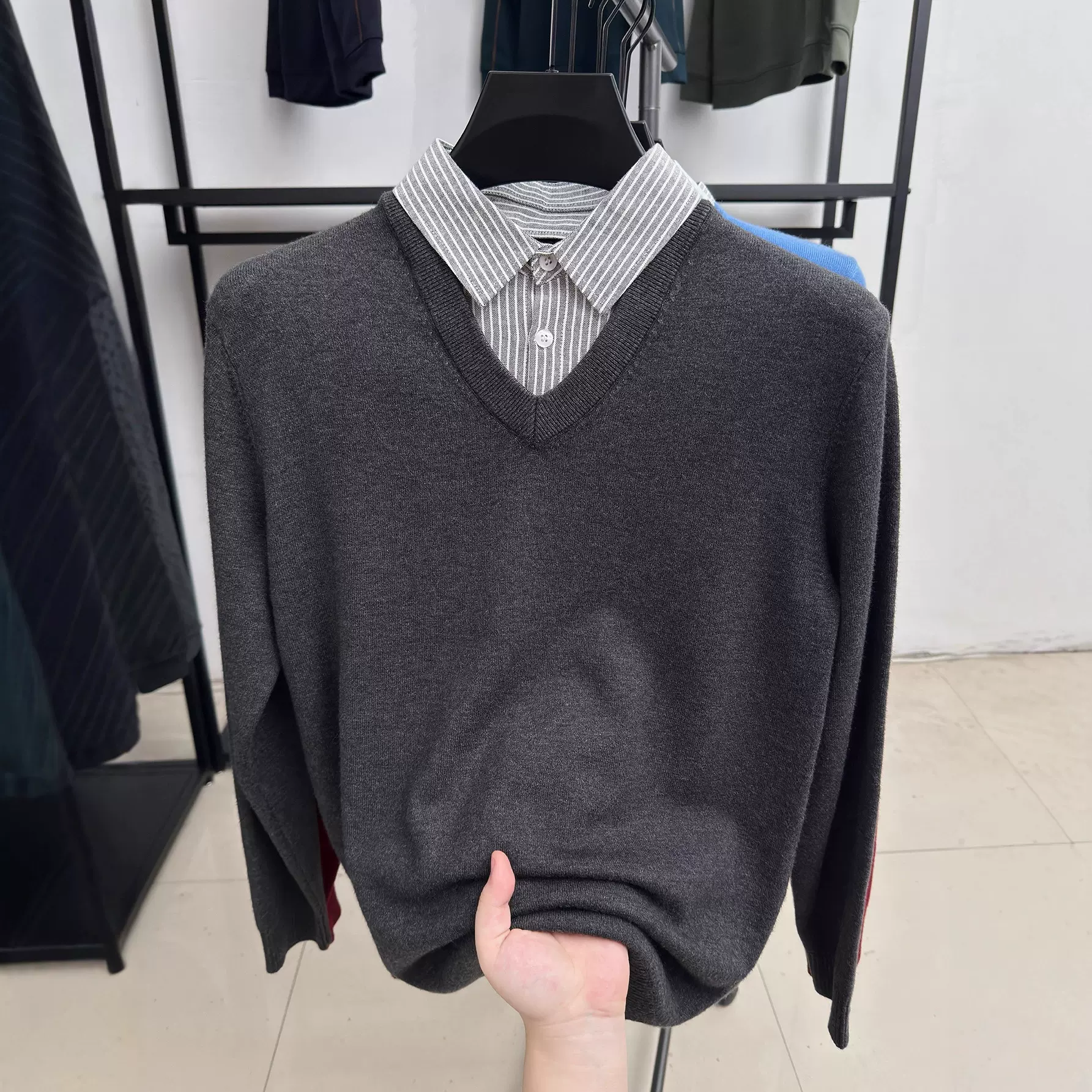 假两件2025秋季新款商务休闲时尚百搭条纹打底男士针织polo衫代发