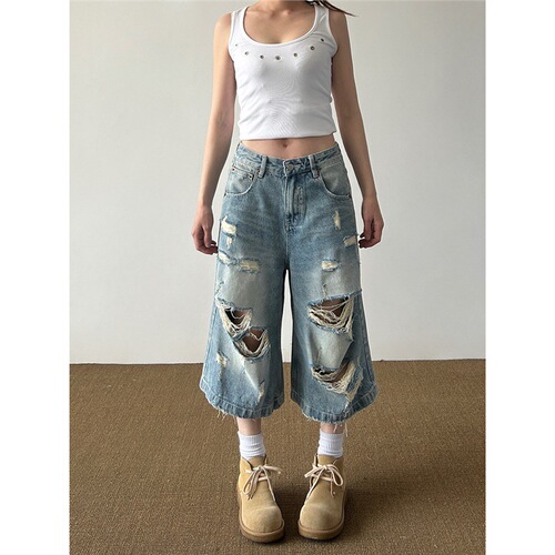 American Retro High Street Worn Hole Denim Seven-Tenth Pants Men and Women Loose Slim Legged Casual 7-Tenth Pants 