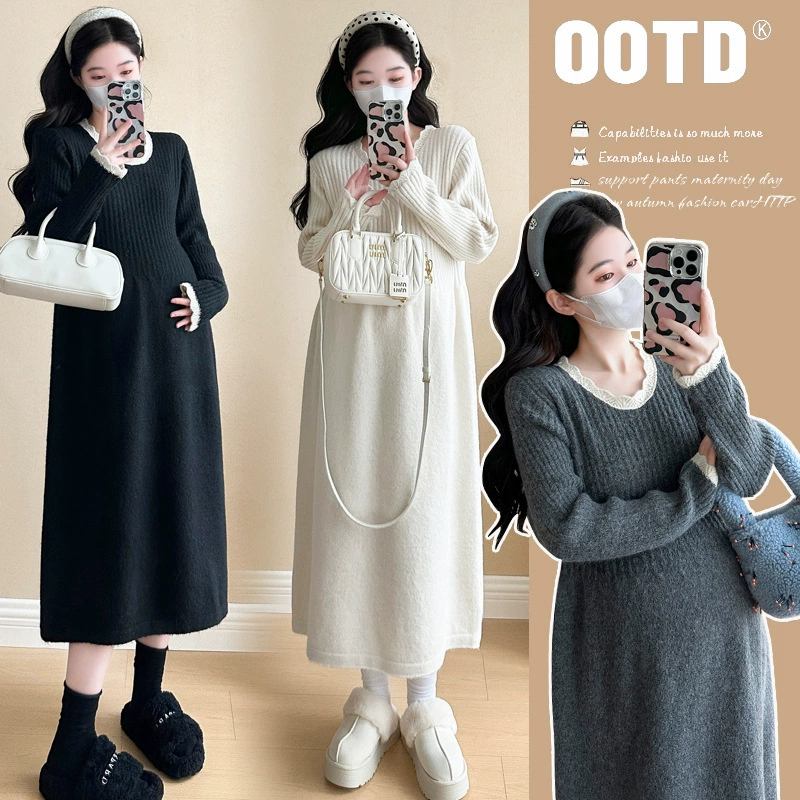 Съемка на месте ~ 2024 осень-зима новый свитер вязаный беременная мама платье кружевное сшивание свободная нижняя юбка