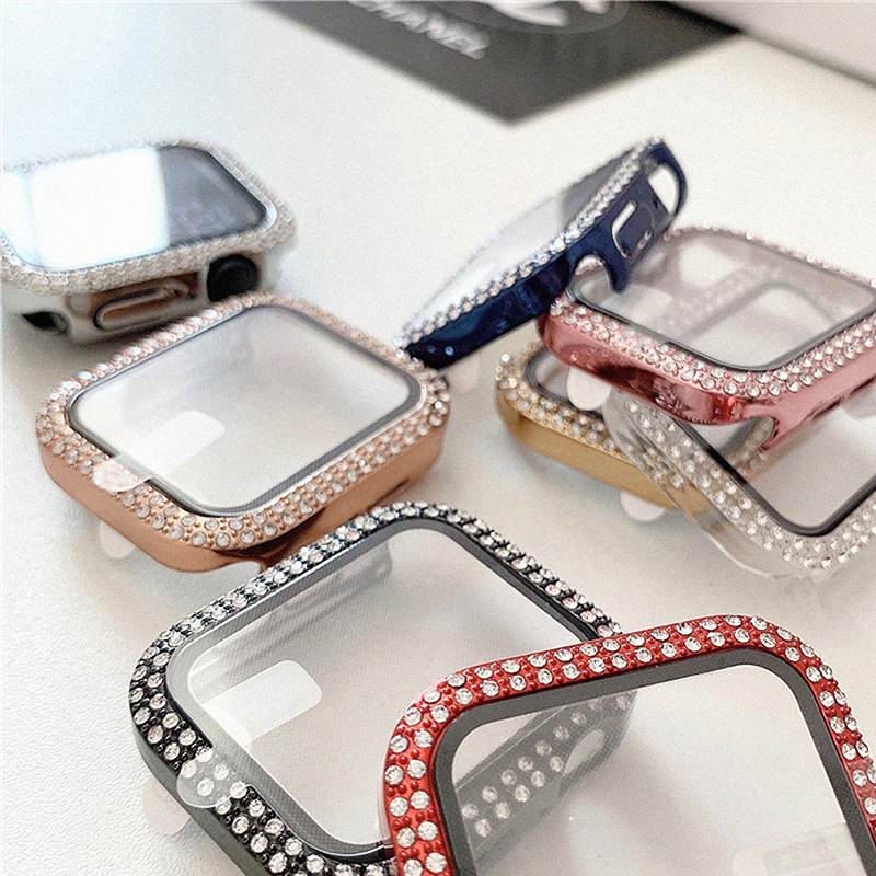 Adecuado para Apple doble fila diamante con caja de cristal Apple watch7/SE/6/5/43 todo incluido resistente a la caída caso duro