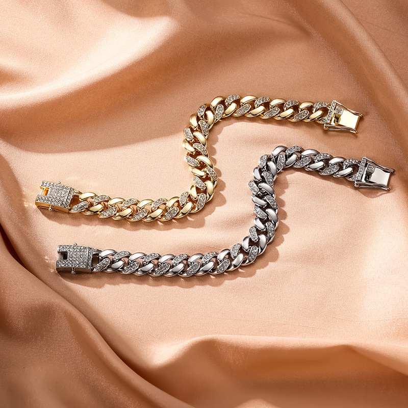 Cross-Border Hot Selling European and American Alloy Fashion Full Diamond Cuban Chain Personalized Simple Rhombus Diamond Rap Hip-Hop Thick Bracelet