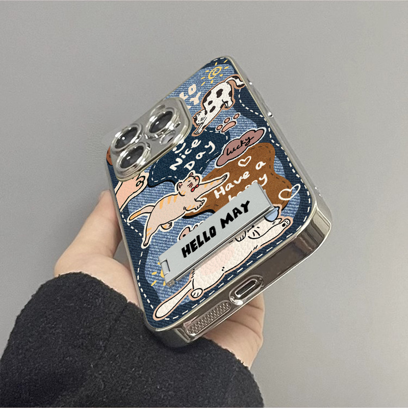 For Apple 16 mobile phone case trend Denim small animal iphone15ProMax lambskin with bracket 14 tide