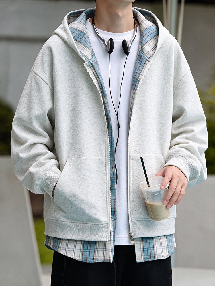 卫衣外套开衫格子撞色美式春秋宽松学院风潮流假两件上衣男高街士