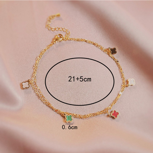 Japanese and Korean Fashion Influencer Colorful Clover Ankle Chain Women's Personality Sexy Double Layer Ankle Chain Titanium Steel Ankle Chain Wholesale