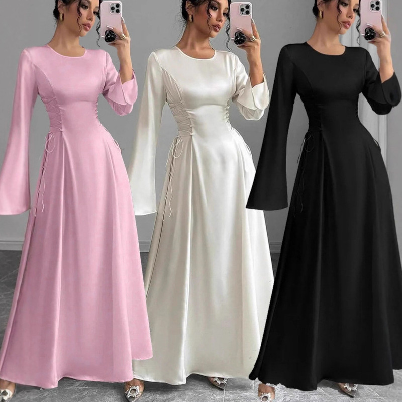 Long-Sleeved Dress, Waist-Cinching Satin Dress, Women's Fashion New Style for Export