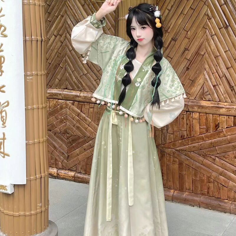 Improved Hanfu for Adult Women, 2024 Summer Chinese-Style Embroidered Young Girl Han Elements Ancient Style Three-Piece Set with Eight-Panel Skirt, Tang Style