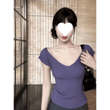 V领小飞袖T恤女夏季辣妹修身显瘦打底衫高腰短毛织针织衫外贸工厂