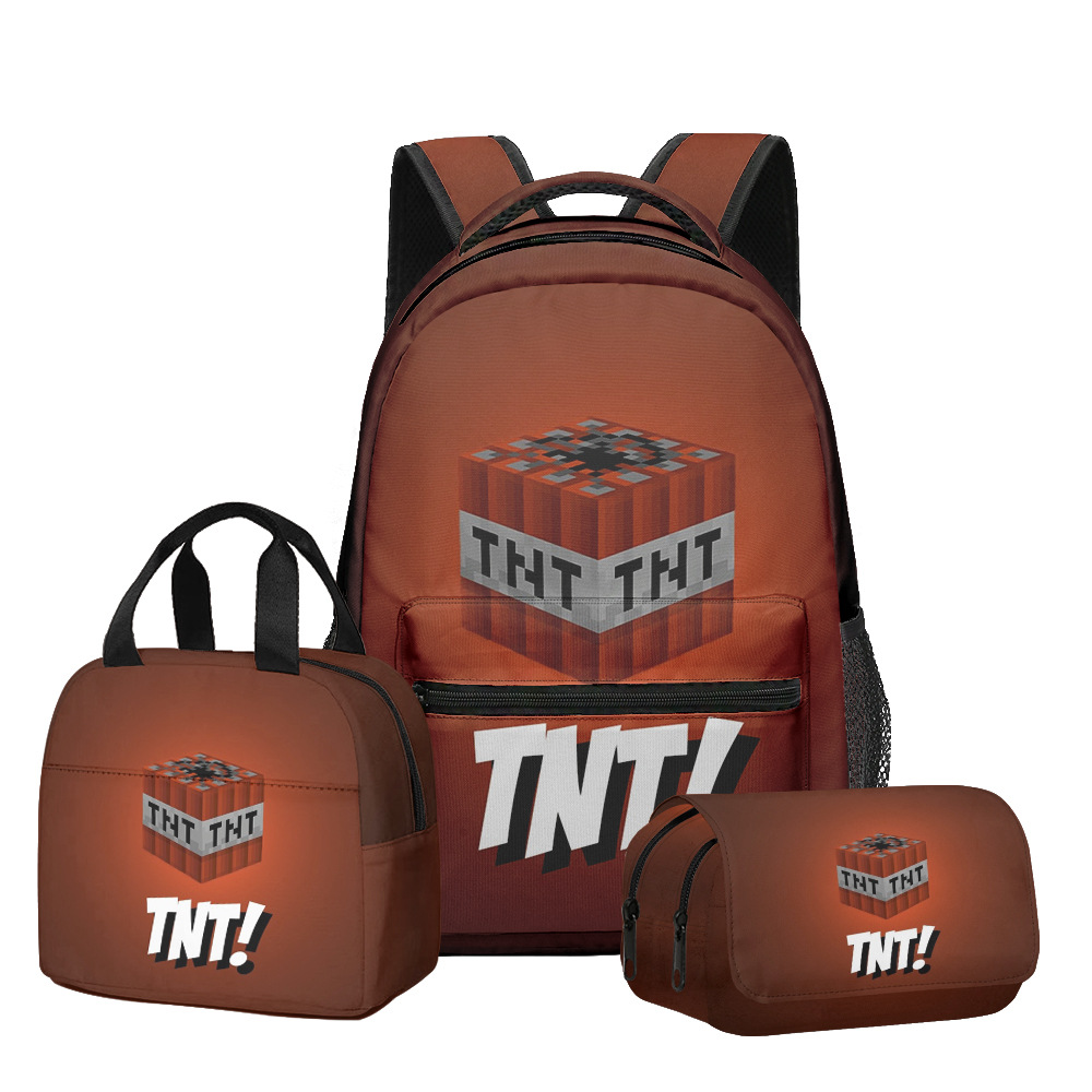 Nuevo producto 3D My World Minecraft mochila de estudiantes de primaria y secundaria bolsa de almuerzo bolsa de bolígrafo doble tres piezas set