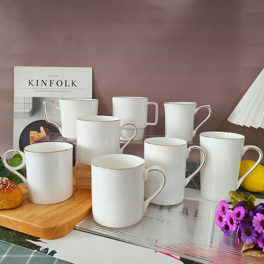 简约复古陶瓷早餐奶杯情侣可印画面多款式金边骨瓷马克杯