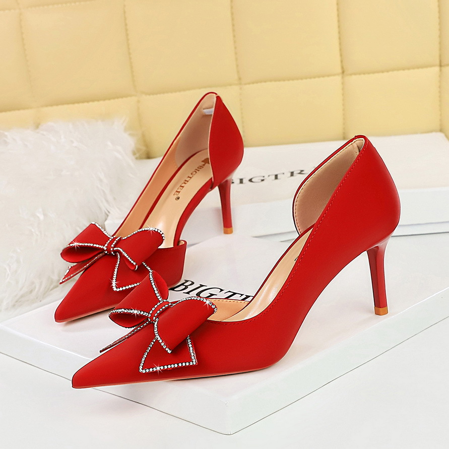3226-AH37 Scarpe con tacco alto da sposa in stile coreano da donna, tacco a spillo, punta bassa, fiocco laterale traforato, colore ramato._voghion.com
