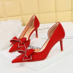 3226-AH37 Korean Women's Shoes Wedding Shoes High Heels Slim Heels Shallow Mouth Pointed Side Hollow Diamond Bow Single Shoes