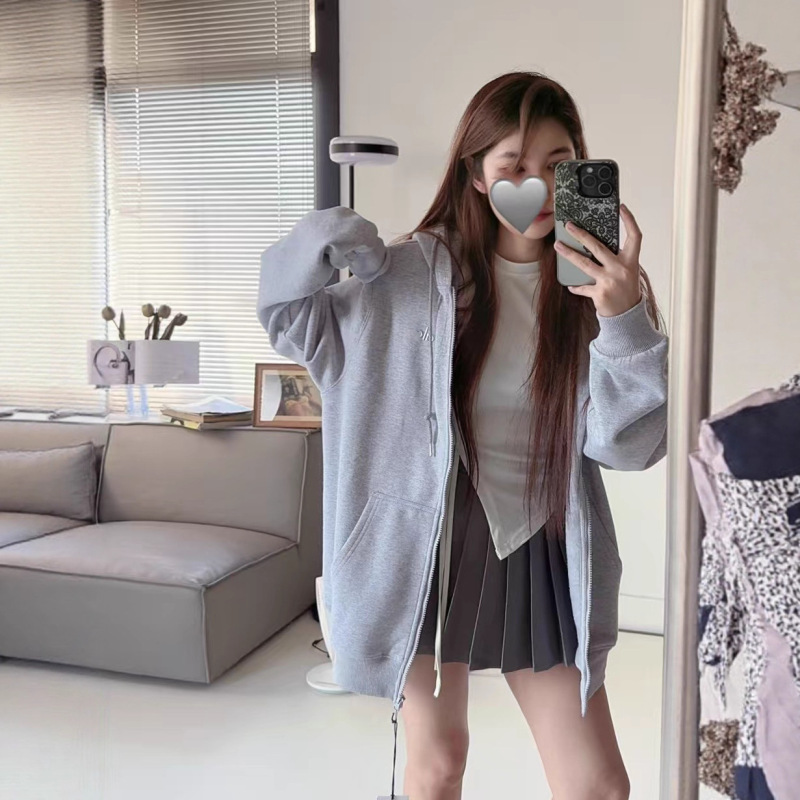 AL0宽松外套女2025新款春秋灰色加绒连帽开衫卫衣休闲百搭运动瑜|undefined